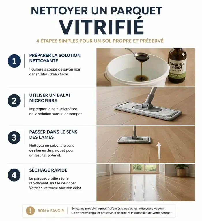 Infographie des étapes pour nettoyer un parquet vitrifié au savon noir