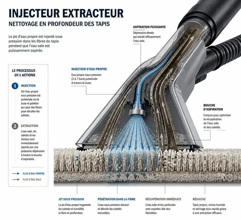 Schéma de fonctionnement d'un injecteur extracteur pour le nettoyage de moquette