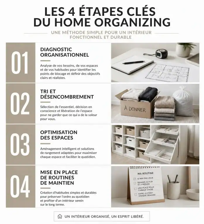 Infographie des étapes d'une aide au rangement maison professionnelle