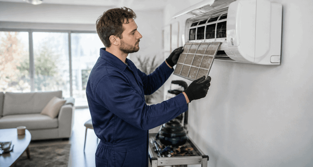 entretien climatiseur technicien nettoie filtre