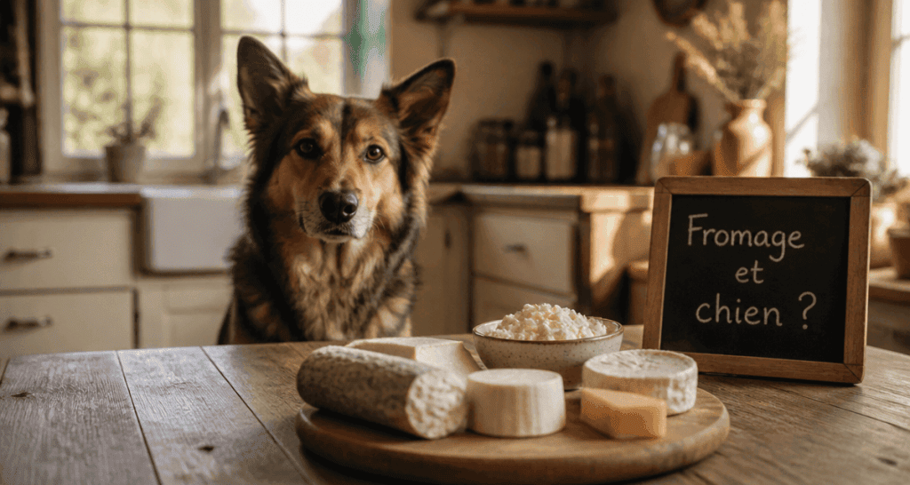 fromage de chevre chien sur table avec berger