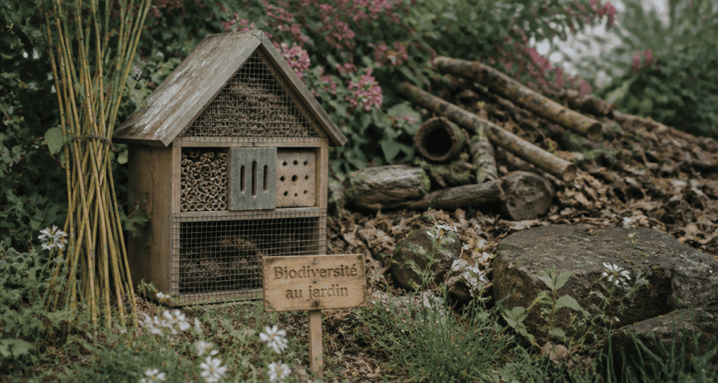 hôtel à insectes inconvénients devant haie et bois mort