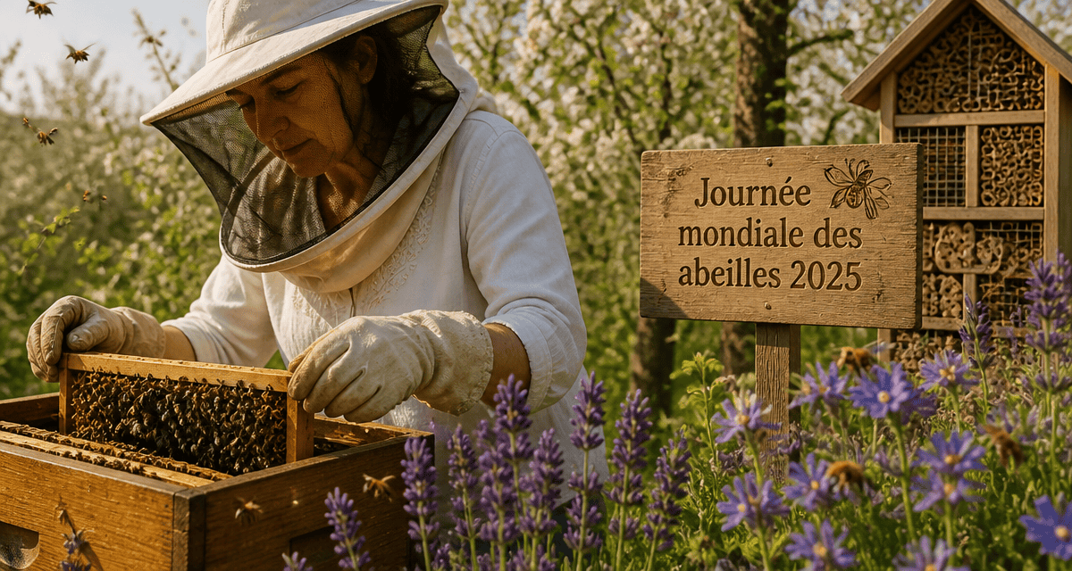 journee mondiale des abeilles 2025 apicultrice ruche fleurs