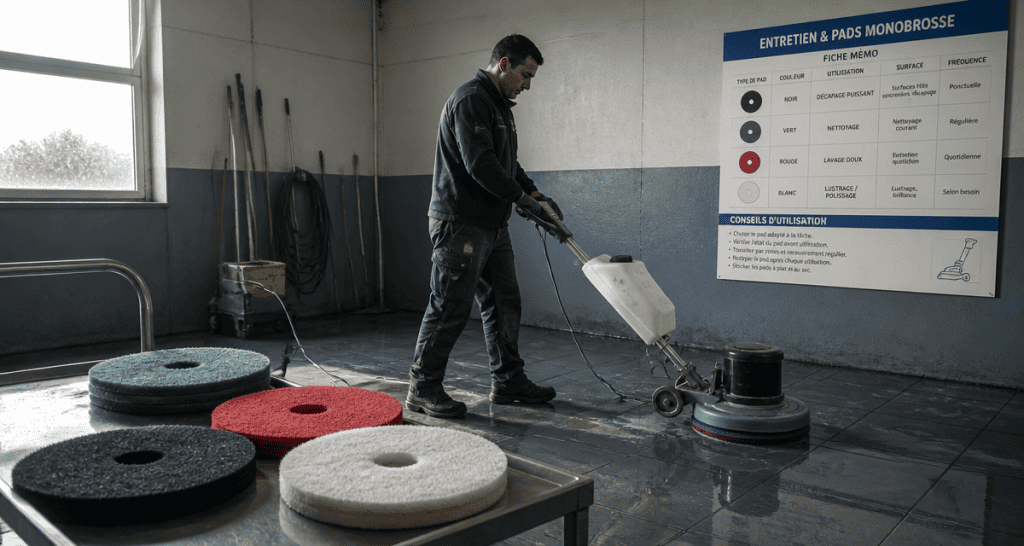 Monobrosse nettoyage sur sol carrelé avec pads