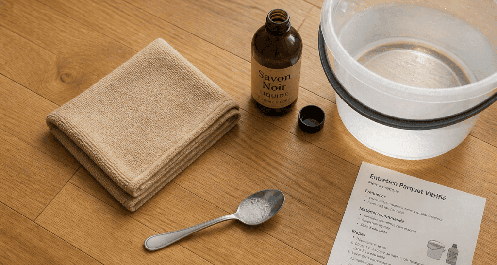 nettoyer parquet vitrifié savon noir avec microfibre et seau