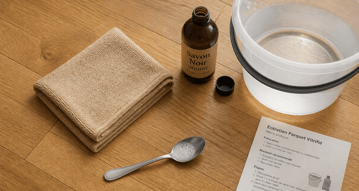 nettoyer parquet vitrifié savon noir avec microfibre et seau