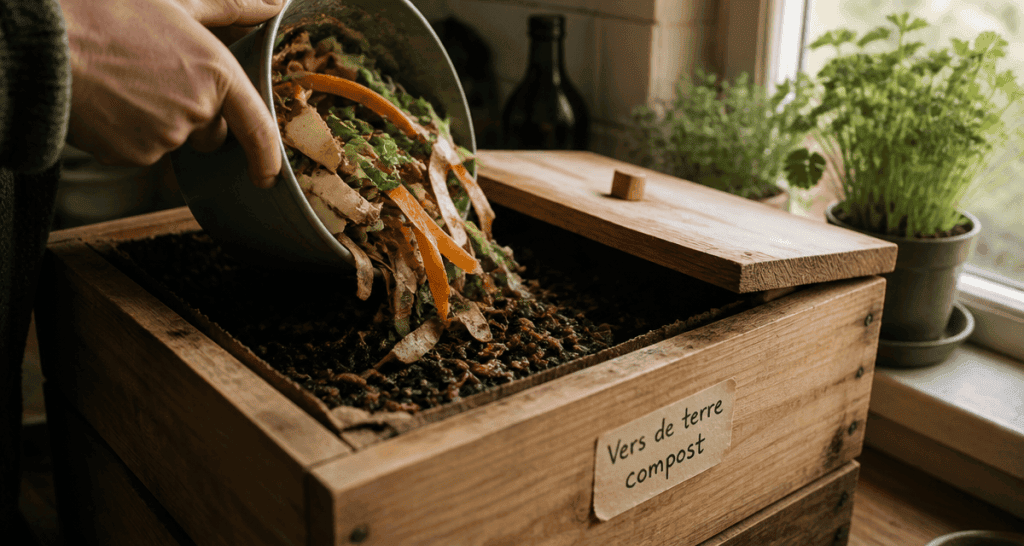vers de terre compost dans un lombricomposteur cuisine