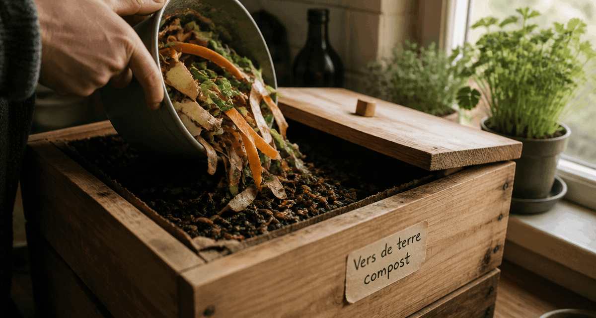 vers de terre compost dans un lombricomposteur cuisine