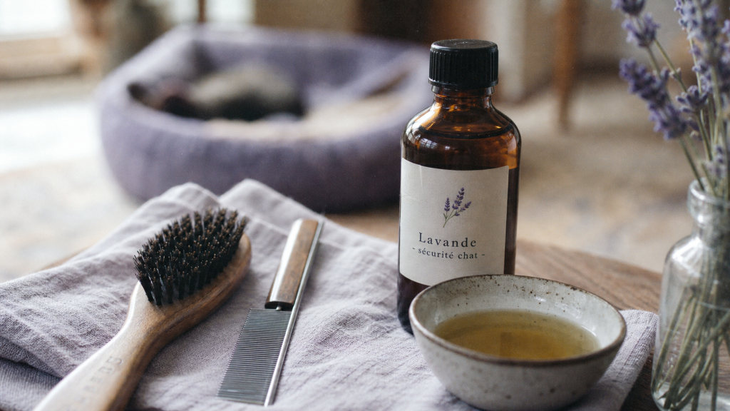 Anti puce huile essentielle chat à la lavande diluée, brosse et peigne