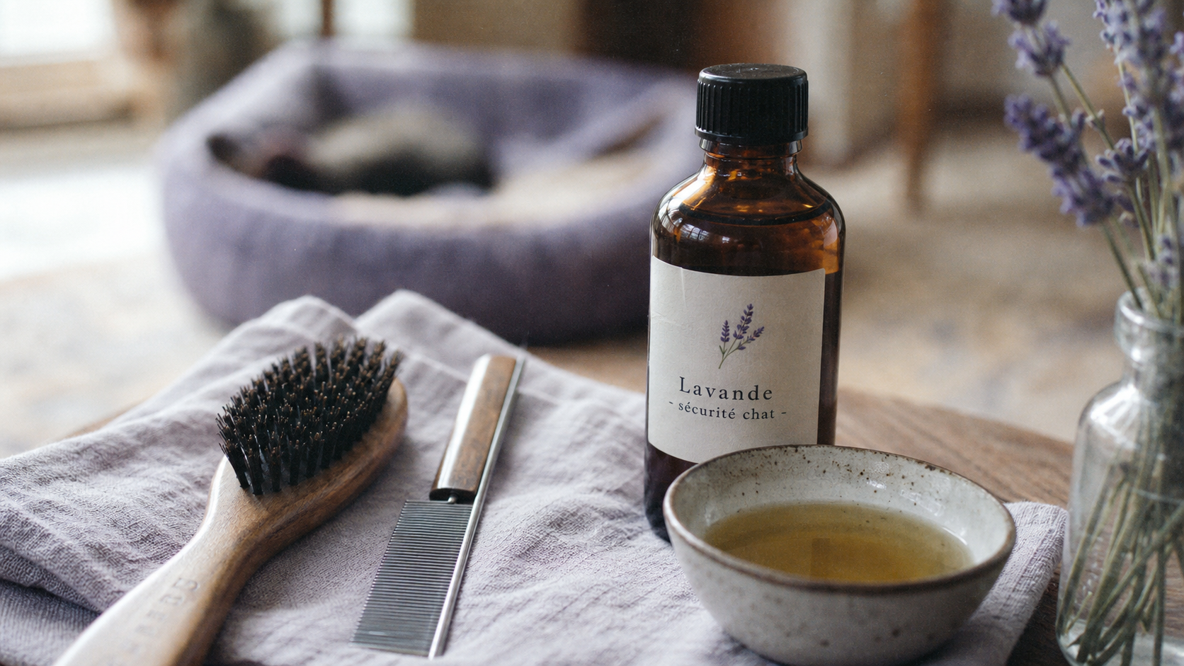 Anti puce huile essentielle chat à la lavande diluée, brosse et peigne
