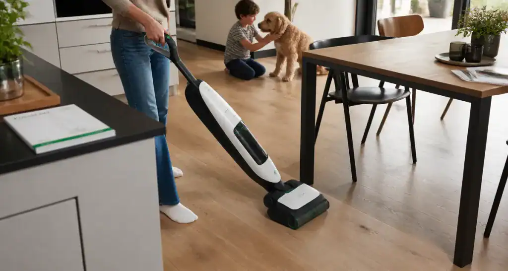 aspirateur laveur vorwerk avis en action sur parquet clair