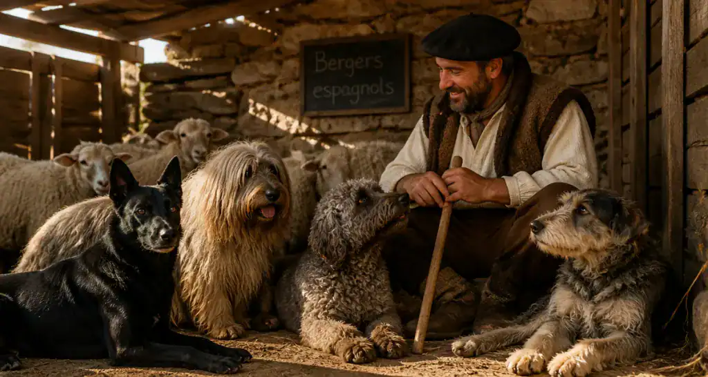Chiens de berger espagnol dans une bergerie avec moutons