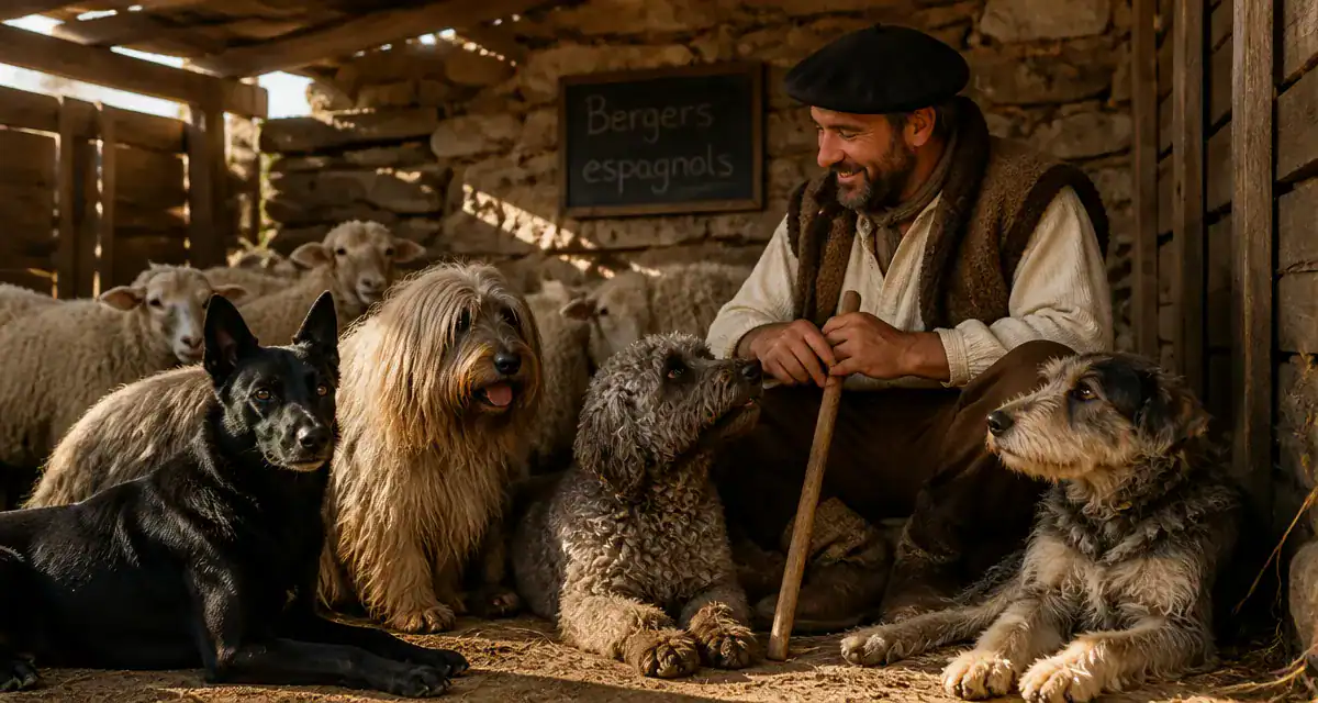 Chiens de berger espagnol dans une bergerie avec moutons