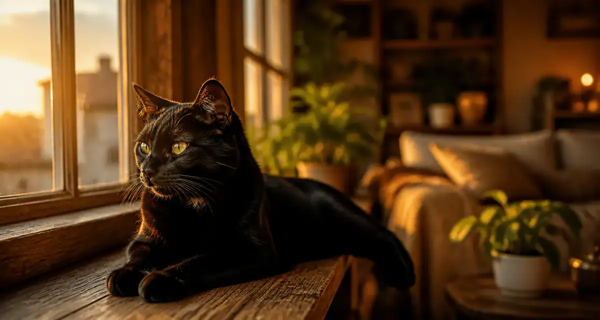 Chat noir caractère allongé sur fenêtre
