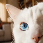 Chat yeux vairons : iris bleu et ambre, gros plan.
