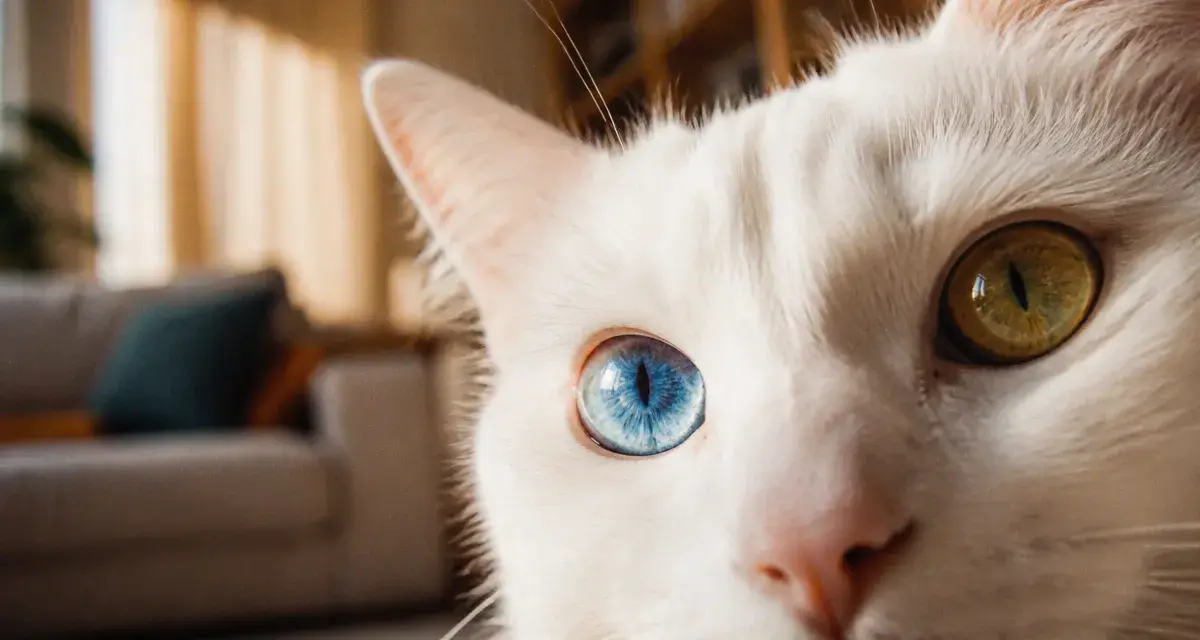Chat yeux vairons : iris bleu et ambre, gros plan.