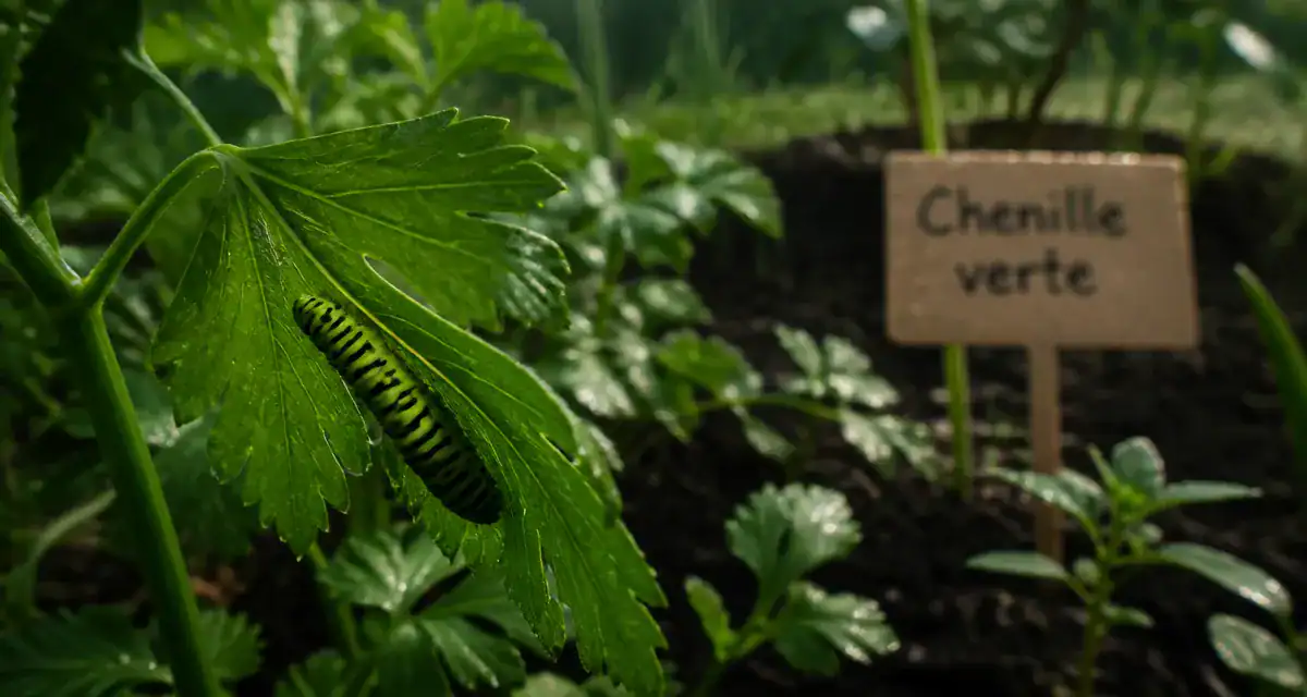 Chenille verte sur feuille, question : quel papillon ?}}