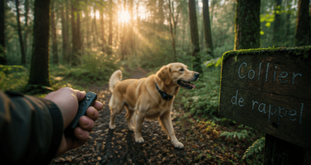 Collier de rappel chien retriever en sous-bois