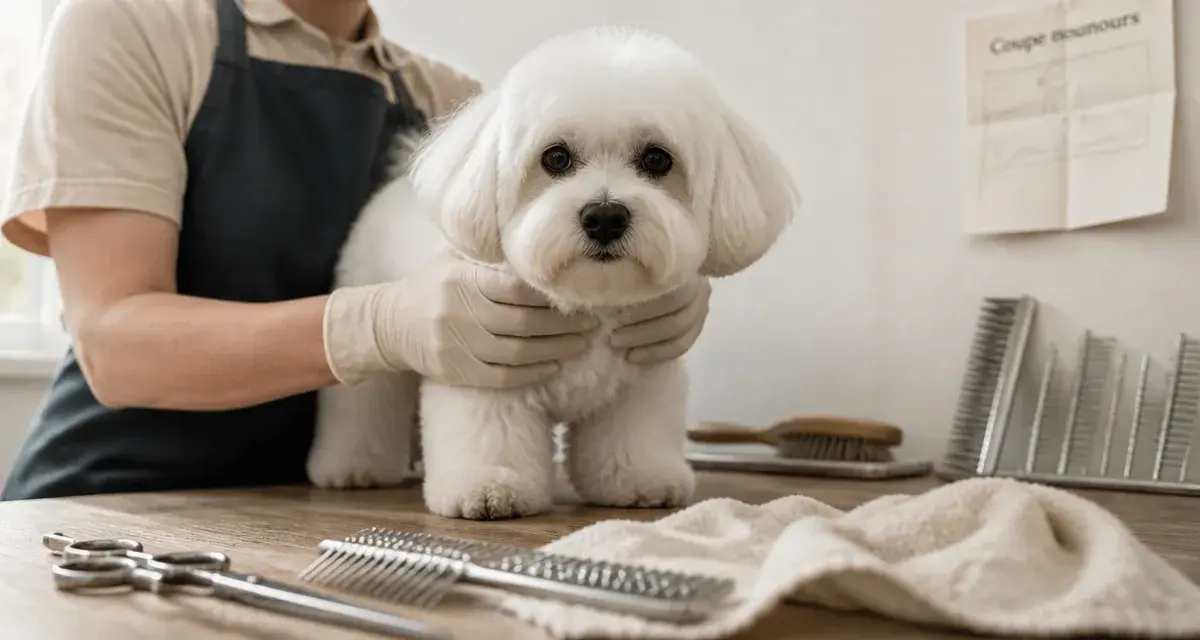 Coton de tulear coupe nounours, toiletteur tient le chien peluche