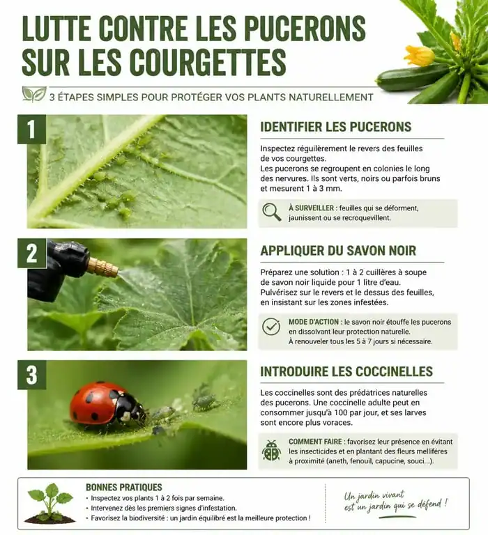 Infographie illustrant les méthodes naturelles pour identifier et traiter les pucerons sur les plants de courgettes au potager.