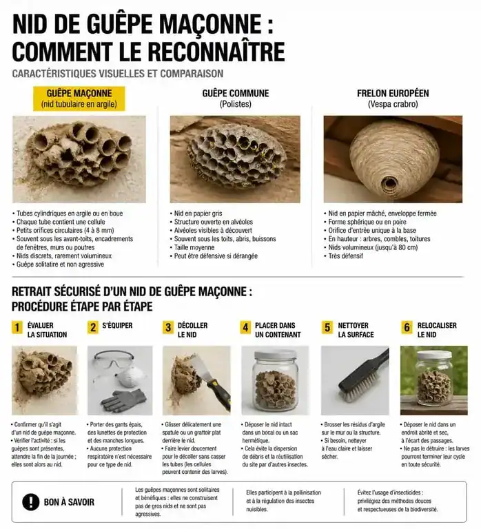 Infographie sur l'identification et l'élimination sécurisée d'un nid de guêpe maçonne