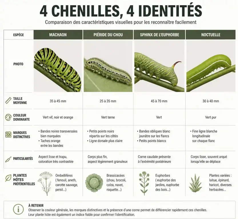 Infographie comparative pour identifier les chenilles vertes au jardin : Machaon, Piéride, Sphinx et Noctuelle