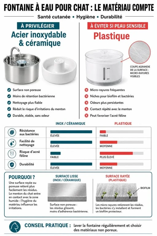 Comparatif des matériaux de fontaine à eau pour chat : inox et céramique contre plastique pour une meilleure santé féline.