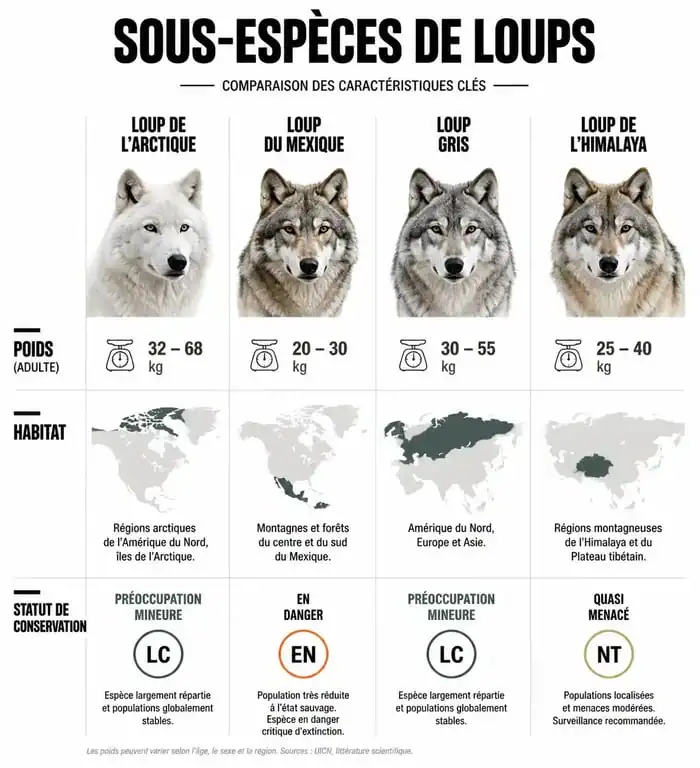 Infographie comparative des différentes races de loup et leurs caractéristiques biologiques
