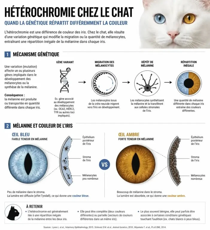 Schéma explicatif de l'hétérochromie et des yeux vairons chez le chat