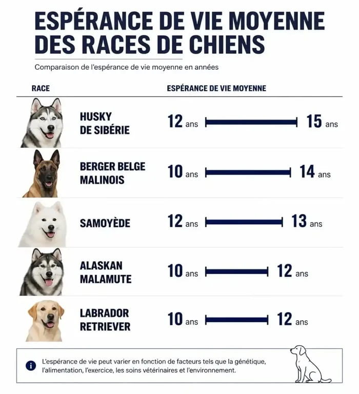 Graphique comparatif de l'espérance de vie du Husky de Sibérie par rapport aux autres races de chiens