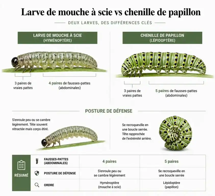 Comparaison visuelle entre une larve de mouche à scie et une chenille pour aider à l'identification au jardin