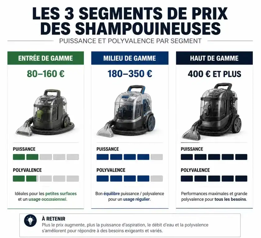 Comparatif des gammes de prix des shampouineuses : de l'entrée de gamme au matériel professionnel.