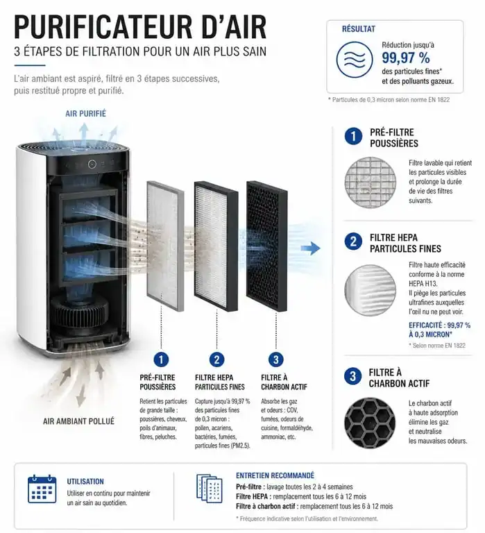 Schéma explicatif du fonctionnement d'un purificateur d'air avec filtration multicouche