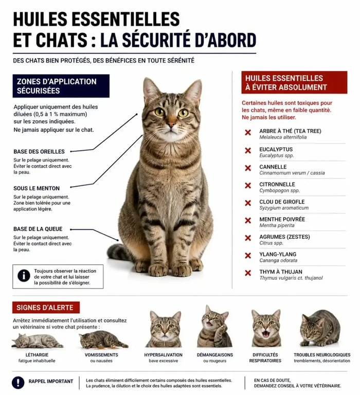 Infographie sur la sécurité des huiles essentielles anti puce pour chat et les précautions à prendre