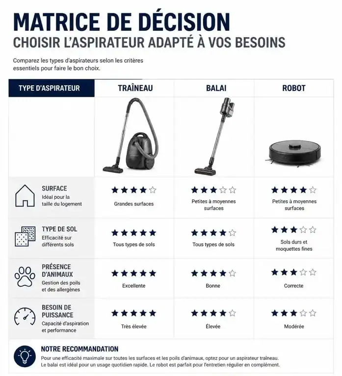Infographie comparative pour choisir son aspirateur selon son logement et ses besoins