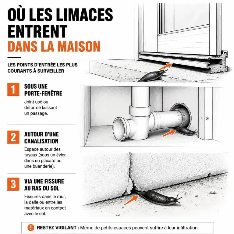 Schéma des points d'entrée des petites limaces noires dans une maison