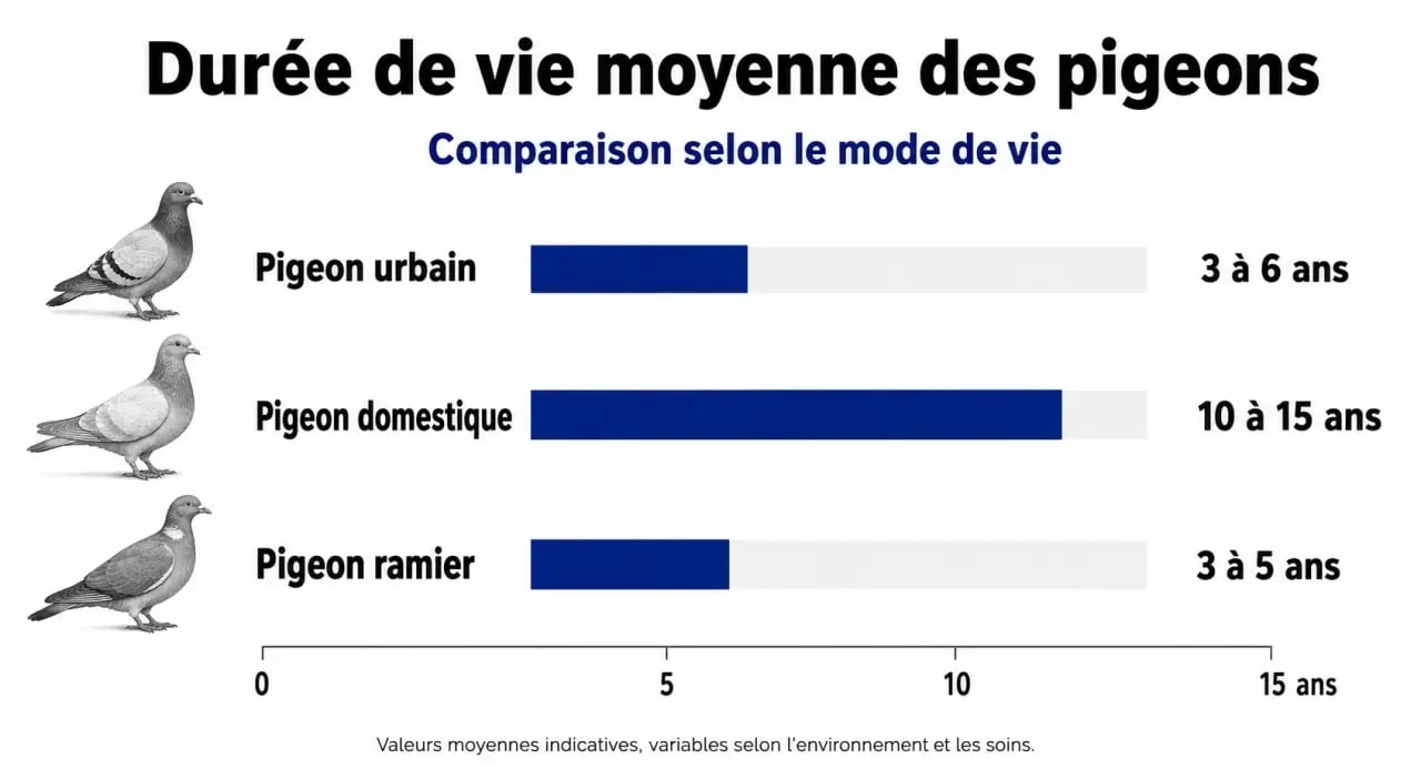 Infographie comparant la durée de vie pigeon selon l'habitat