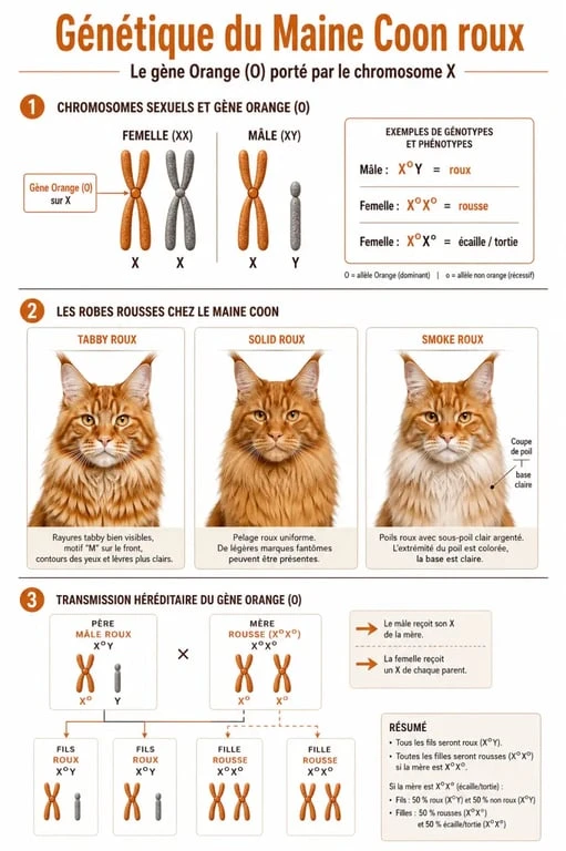 Infographie explicative de la génétique et des motifs de robe du Maine Coon roux