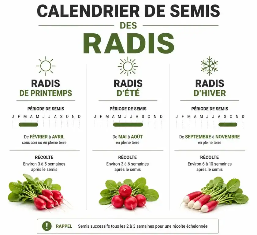 Calendrier de semis des radis : périodes idéales pour semer les radis de printemps, d'été et d'hiver au potager