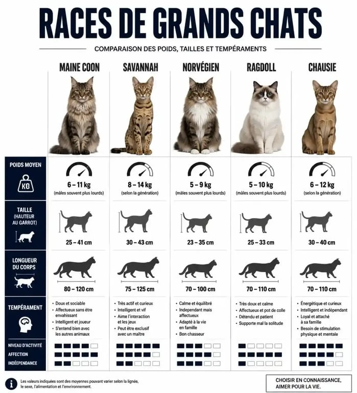 Tableau comparatif des races de grands chats : poids, taille et tempérament des Maine Coon, Savannah, Norvégien, Ragdoll et Chausie.
