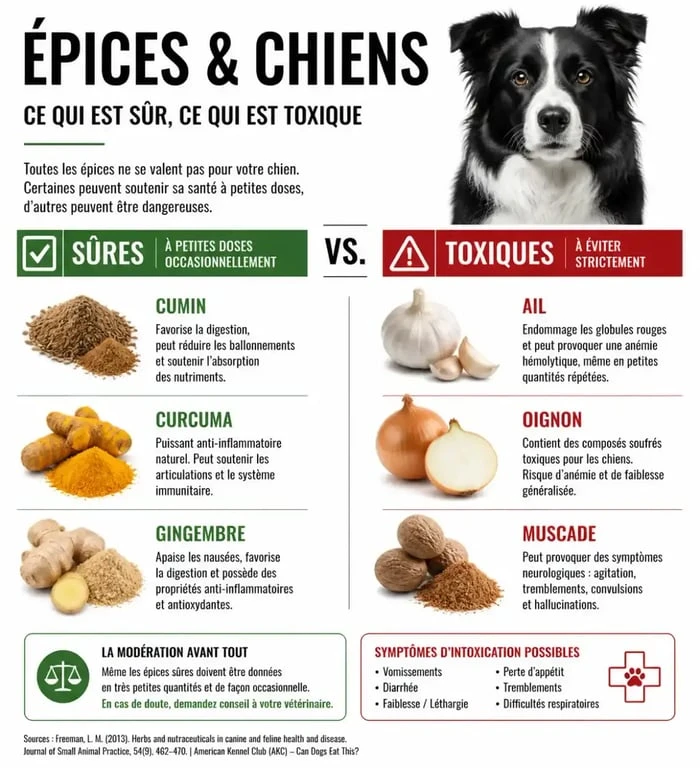 Infographie comparative des épices sûres et toxiques pour le chien incluant le cumin
