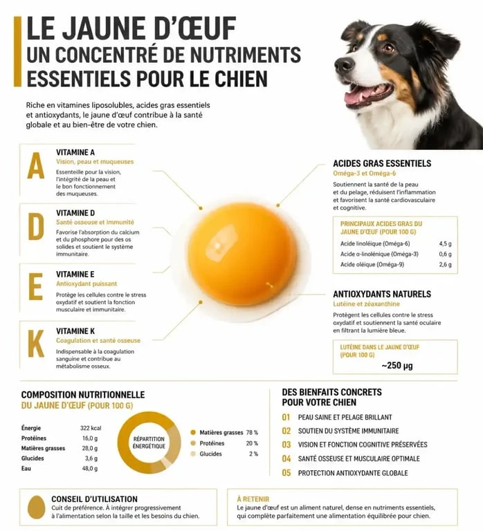 Infographie des bienfaits nutritionnels du jaune d'œuf pour chien