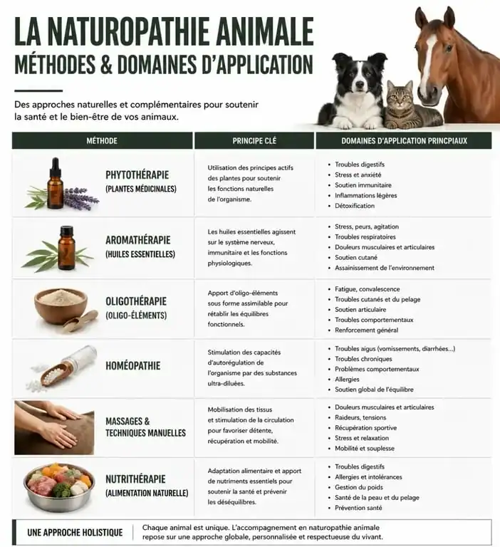 Infographie des méthodes de naturopathie pour animaux et leurs bienfaits