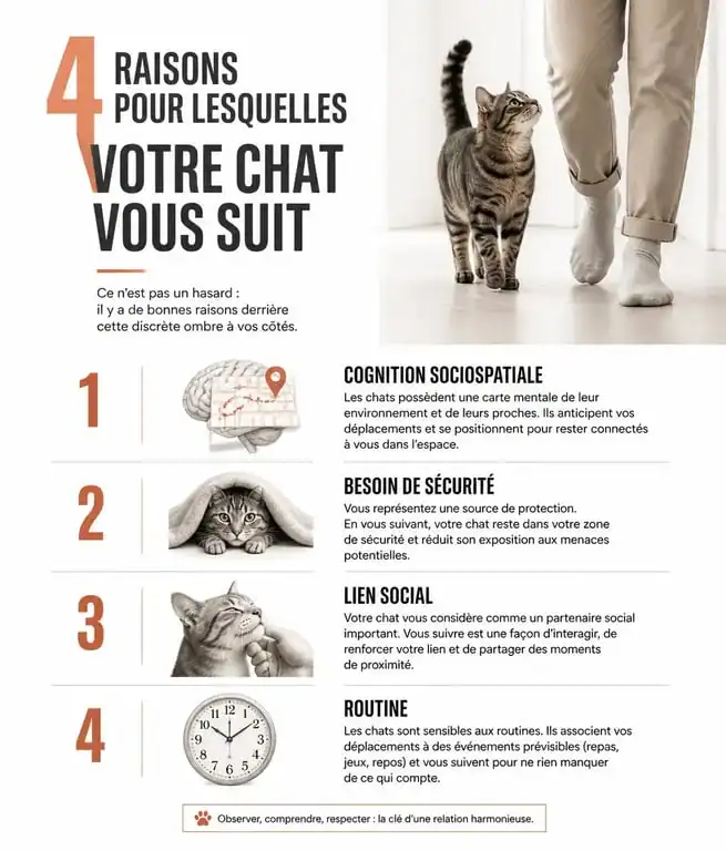Infographie expliquant pourquoi mon chat me suit partout : les raisons comportementales