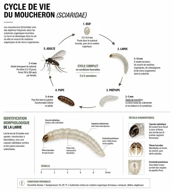 Cycle de vie et identification de la larve de moucheron dans le terreau