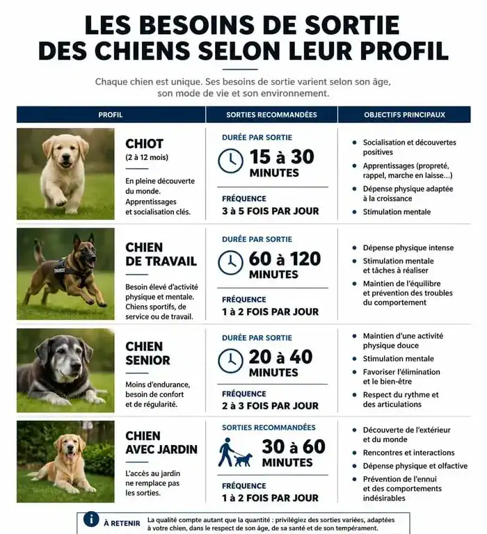 Infographie sur la fréquence idéale des sorties pour chien selon l'âge et le mode de vie pour sortir son chien 1 fois par jour.