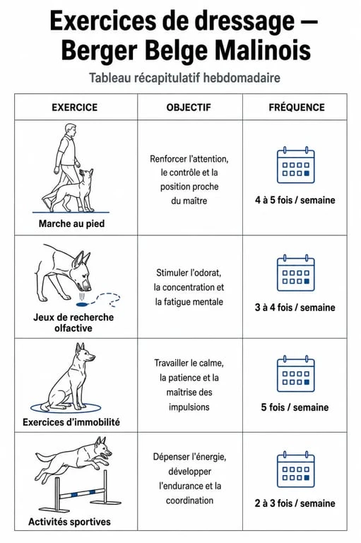 Tableau récapitulatif des exercices de dressage pour Berger Belge Malinois