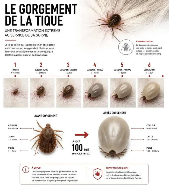 Schéma explicatif montrant l'évolution d'une tique blanche sur un chien après gorgement