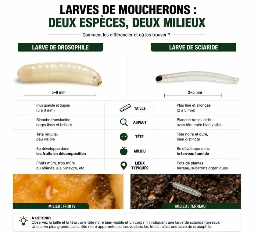 Infographie comparative des larves de moucherons : drosophile vs sciaride pour identification à la maison