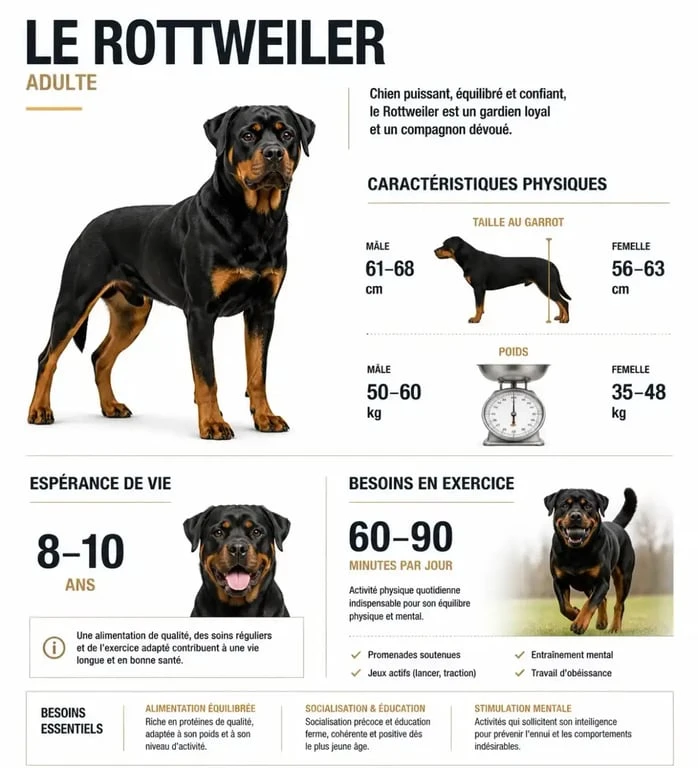 Infographie des caractéristiques et besoins du rottweiler adulte